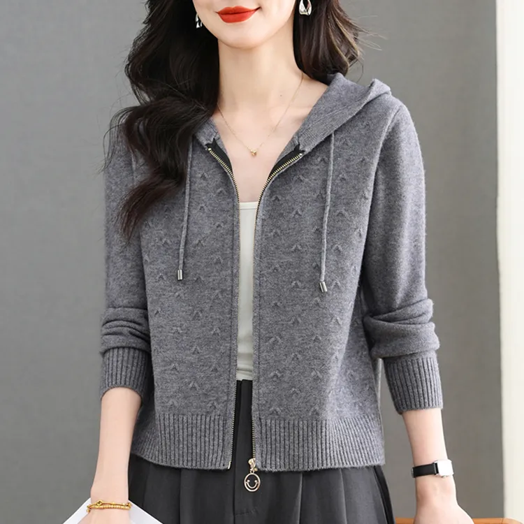 100%纯羊毛连帽羊毛针织开衫女士秋冬小个子卫衣外套高腰外搭毛衣