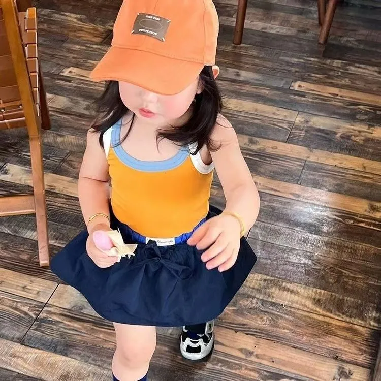 韩版女童2025夏季新款多巴胺橘黄色背心吊带中小童藏青色花苞裙裤