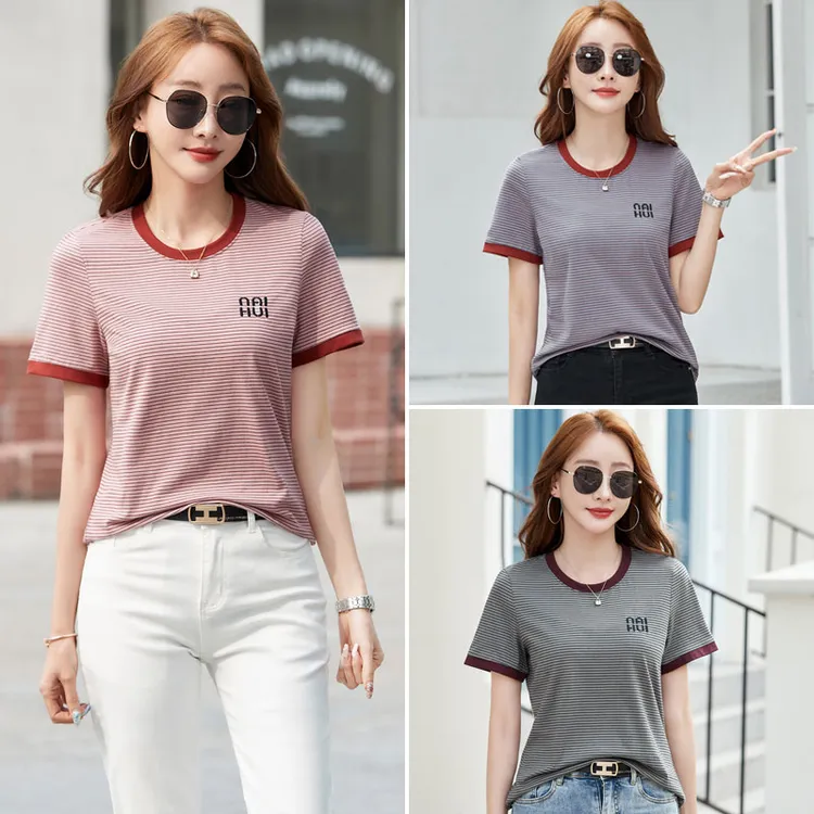 夏季常规款条纹短袖刺绣T恤大码休闲百搭宽松韩版修身薄款打底T恤