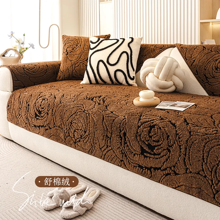 玫瑰花秋冬新款高级感加厚毛绒沙发垫固定防滑防猫爪沙发盖布垫