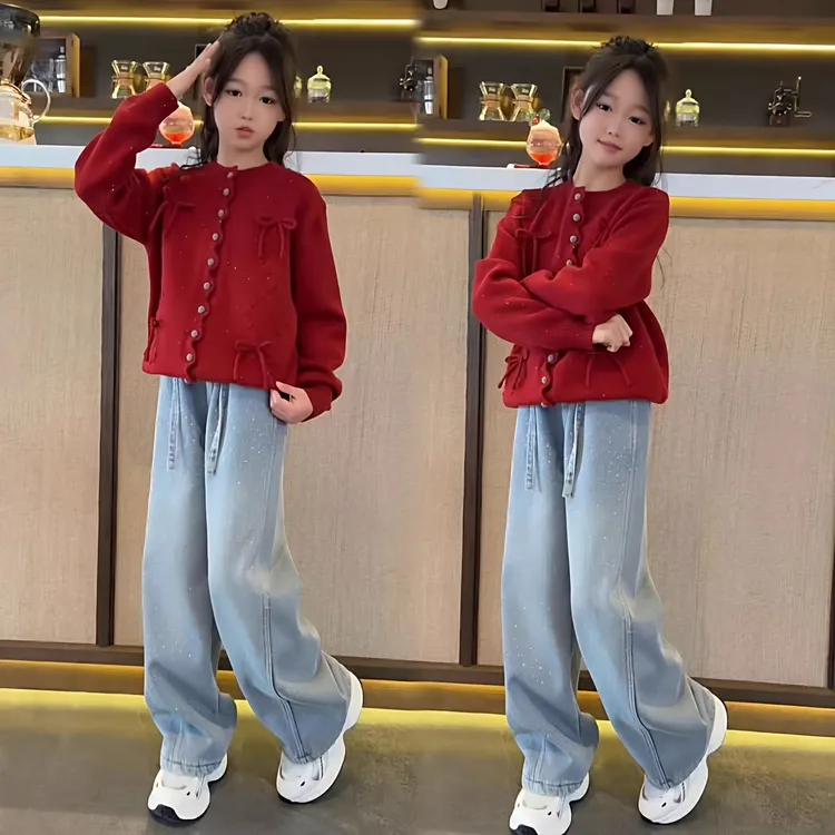 女童2025年款满天星烫钻拼接牛仔裤3-15岁中大童显瘦加绒弯刀裤潮