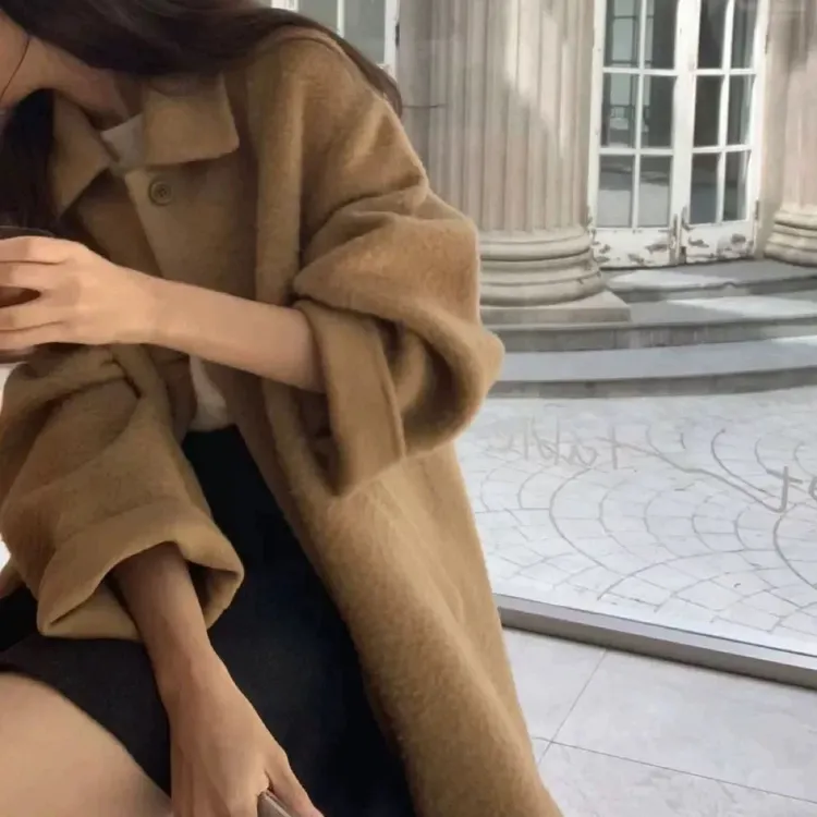 韩国代OUNCE冬季气质纯色温柔翻领单排扣中长款毛呢大衣外套