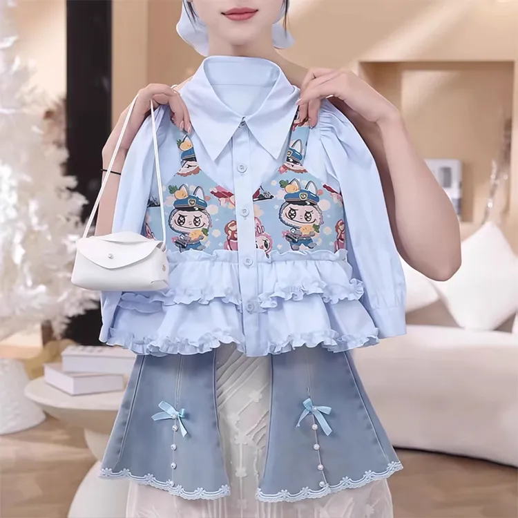女童拉布布套装春秋2025新款儿童洋气假两件衬衫秋季女孩微喇叭裤