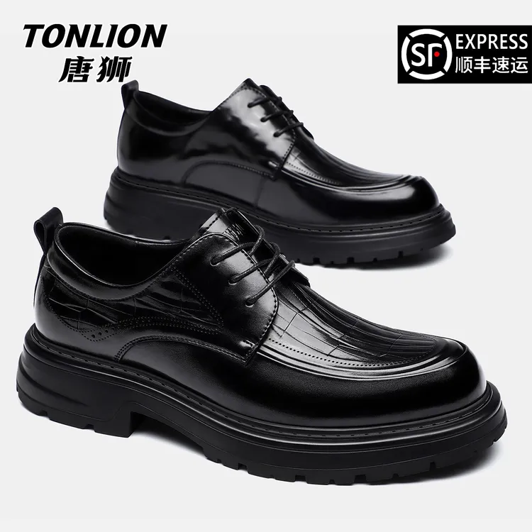 唐狮男鞋2025新款冬季加绒商务正装英伦风厚底德比皮鞋结婚鞋8123