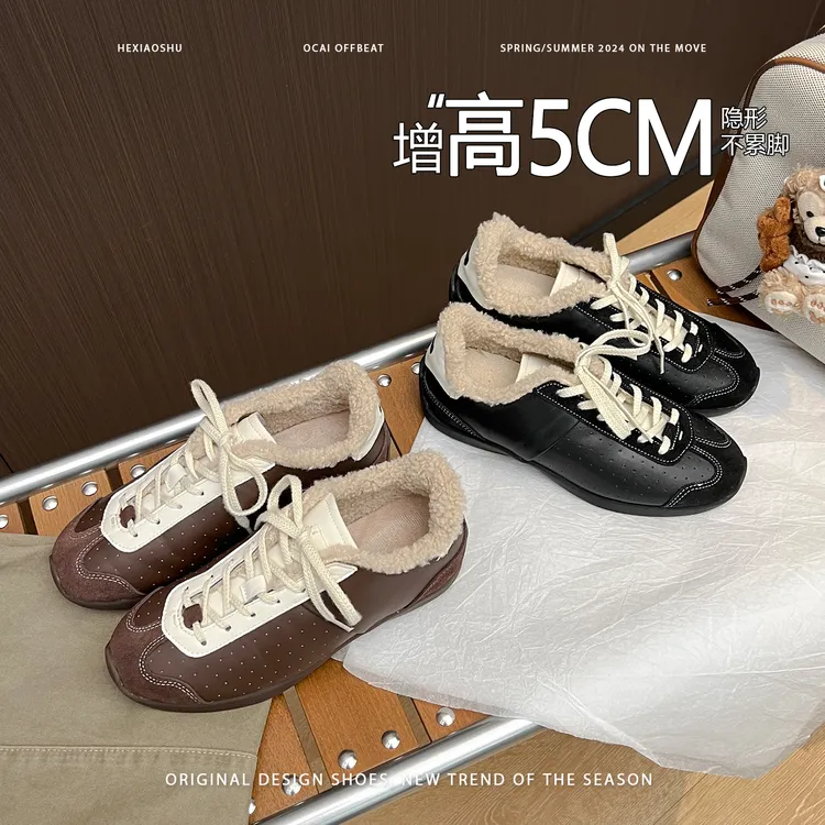 真皮复古圆头平底内增高德训鞋女2025加绒保暖休闲百搭运动阿甘鞋