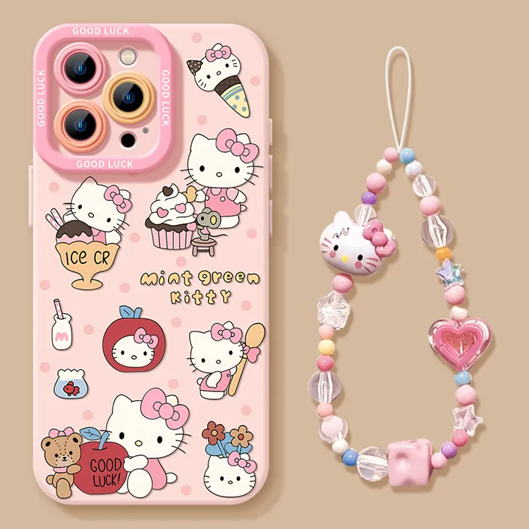 夏日雪糕kitty适用苹果13/16pro手机壳iphone15带挂链14全包软壳
