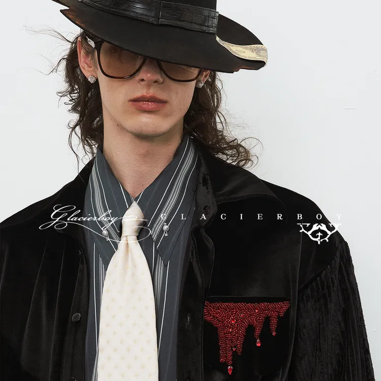 GLACIERBOY丨手工宫廷鸽血珠绣丝绒灯芯绒混纺衬衫外套