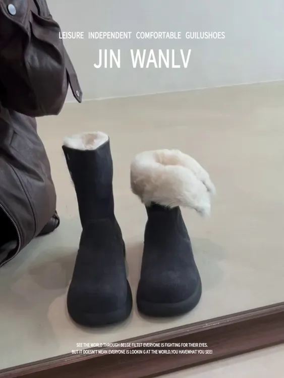 2025秋冬新款磨砂皮简约加绒保暖毛毛短靴冬季新款厚底雪地靴女