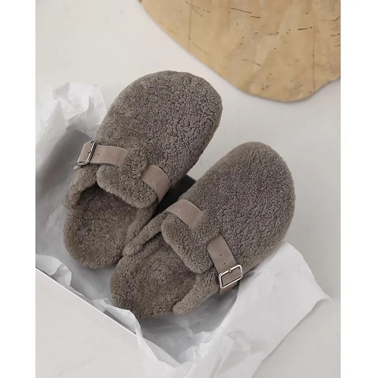 网红外穿厚底加绒保暖毛毛鞋|包头韩版秋冬防滑平底少女风穆勒低