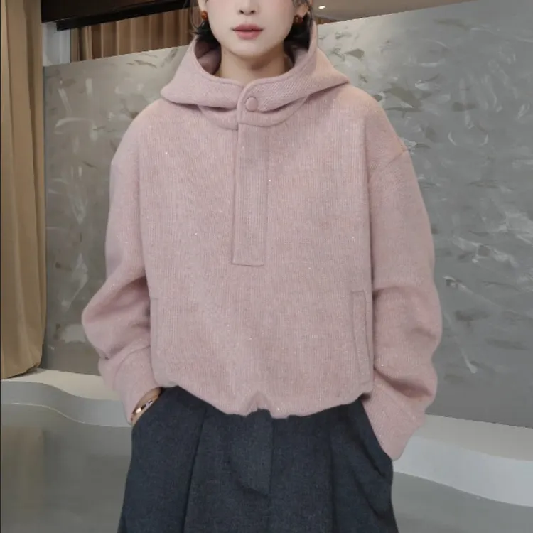 “粉色高光”冬季闪银烫钻加绒卫衣女连帽2025半开襟扣抽绳百搭上衣