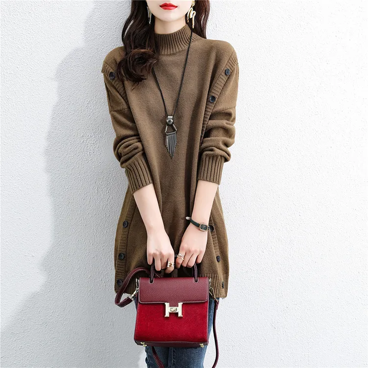 秋冬新款半高领女套头针织连衣裙时尚宽松肩扣韩版遮肚减龄毛衣裙