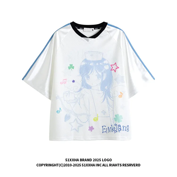 51嘻哈潮牌动漫人物印花V领运动短袖男女夏季透气网眼宽松情侣T恤