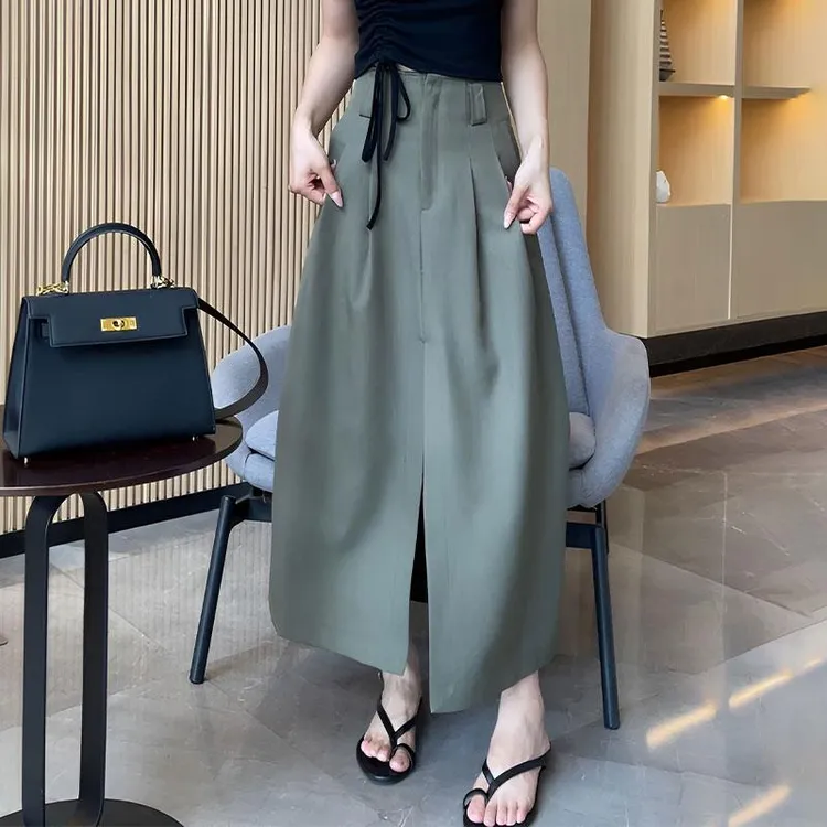 高腰西装中长款半身裙女夏季宽松小个子休闲气质长裙洋气时尚裙子