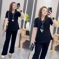 3708（丹姐家）秋款两件套简约V领短袖上衣+裤子遮肉显瘦两件套