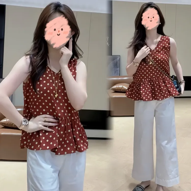 夏季新款2025法式V领碎花提花无袖上衣复古休闲裤百搭时尚小清新