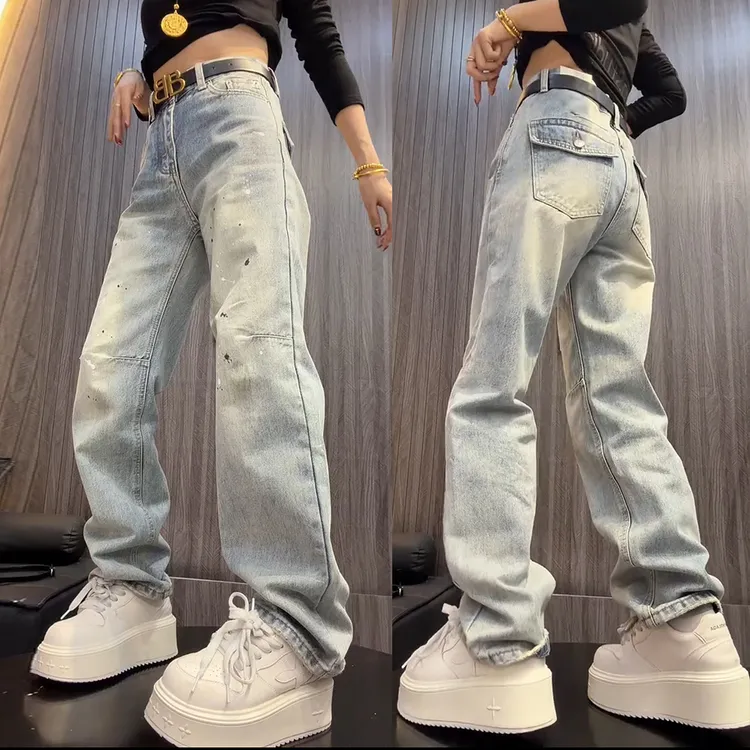 洋气涂鸦工装直筒牛仔裤女款爆款2026春季新款大码微胖显瘦长裤子