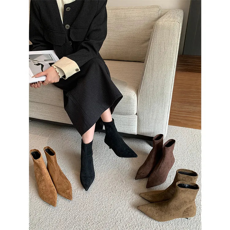 法式尖头女2025新款细高跟绒面瘦瘦裸靴丝秋冬拼接短靴