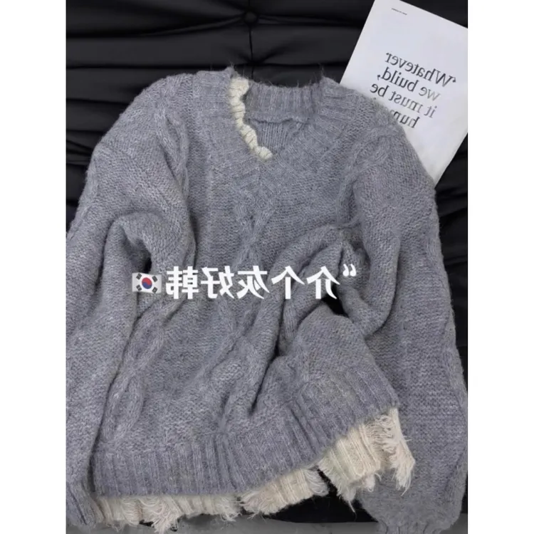 清仓韩版灰色拼接假两件毛衣女秋冬加厚软糯高级感宽松慵懒针织衫