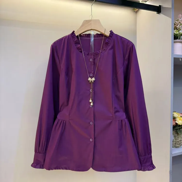 秋冬新款立领木耳边收腰显瘦百搭气质长袖女衬衫