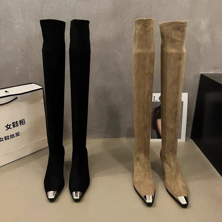 欧美金属头高跟过膝长靴女2025秋冬新款套筒弹力瘦瘦靴高筒时装靴