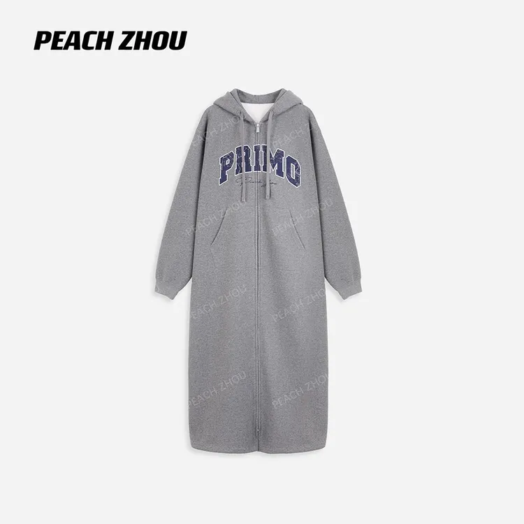 『PEACHZHOU』美式做旧字母印花抓绒宽松大版长款连帽拉链卫衣外套