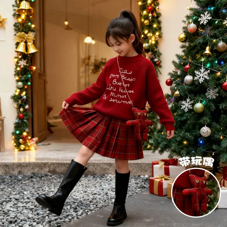 女童百褶裙jk套装2026新款洋气儿童红色毛衣公主裙新年圣诞秋冬装