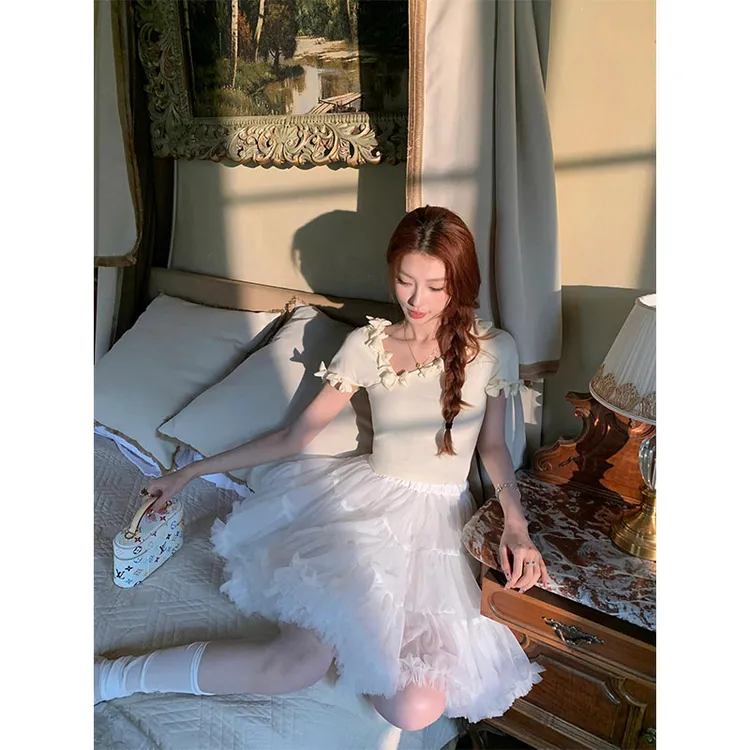 2025年夏季新款重工手勾蝴蝶结小香针织小飞袖上衣女配高腰半身裙