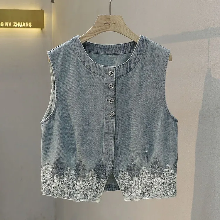法式小香风蕾丝钩花亮片下摆牛仔马甲女2025春款圆领无袖坎肩外套