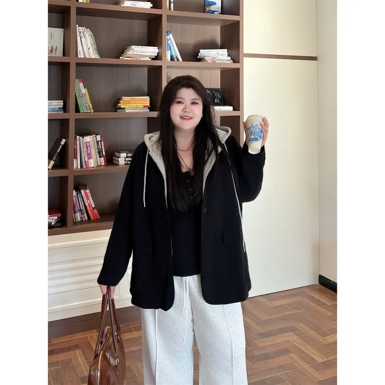 大码女装秋季花契200斤胖mm质感木棉绒假两件连帽西装外套4437-X