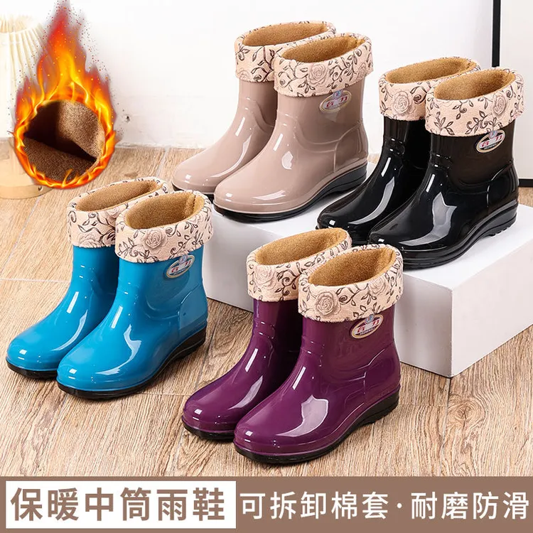 中筒雨鞋女士加绒防滑雨靴低筒厚款低帮雨靴加厚时尚成人防水鞋女