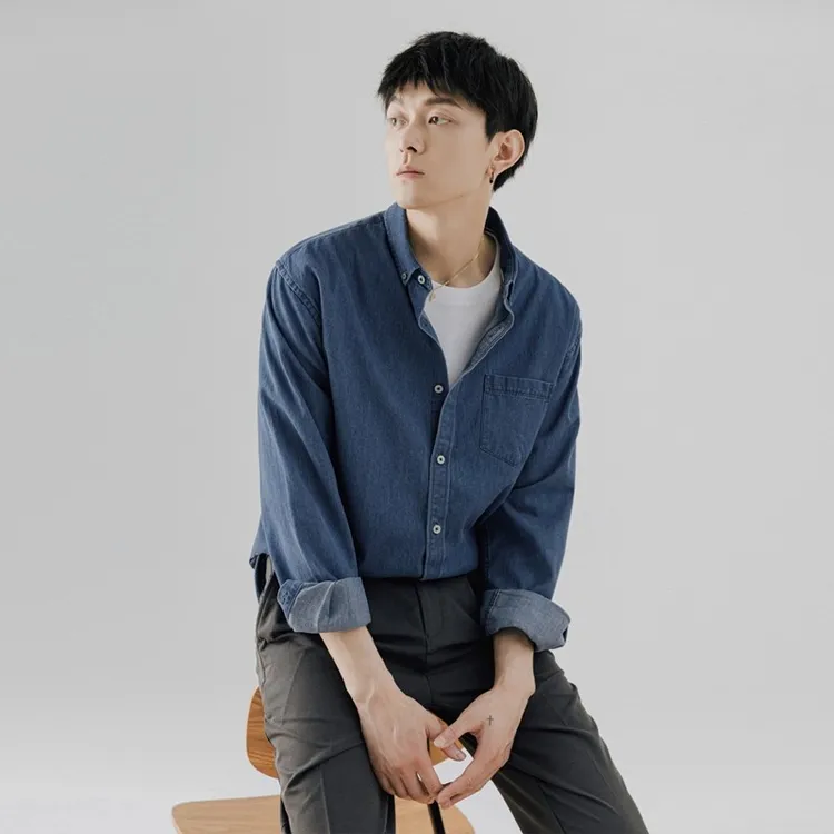 sawp牛仔衬衫男长袖2025春新款韩版潮流修身时尚休闲纯棉衬衣外套