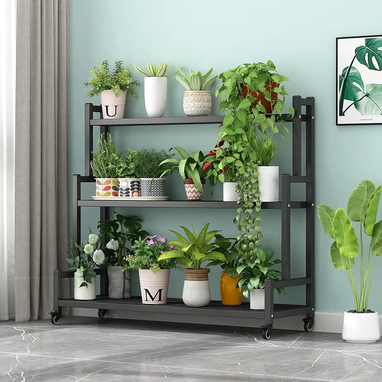 铁艺花架带轮子加宽多层家用阳台置物架户外不锈钢可移动花盆架子