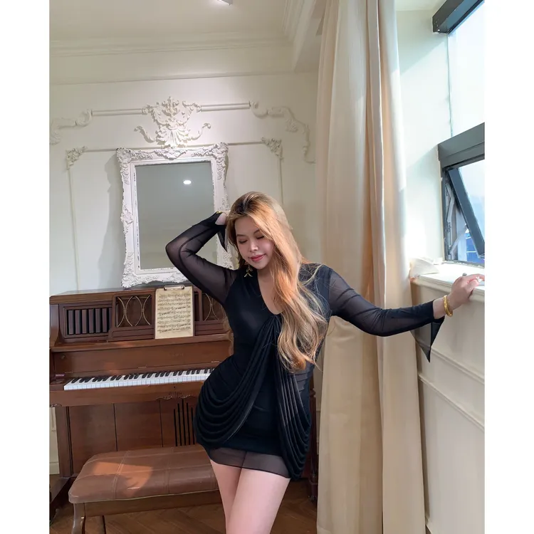 夏季网纱带里布性感设计感短款连衣裙纯欲修身收腰显瘦短裙G086