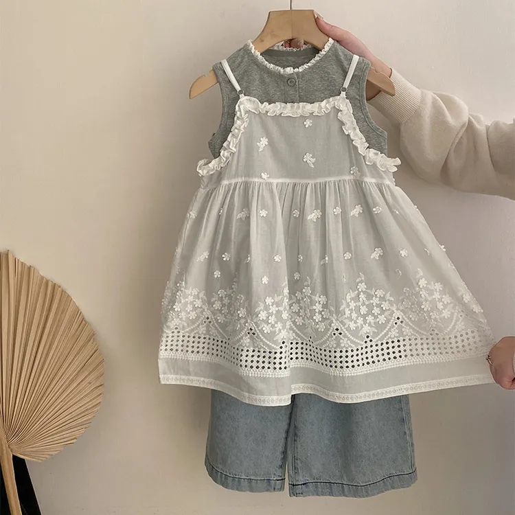 【安安家】女童夏花边背心儿童刺绣蕾丝吊带连衣裙宽松牛仔裤R25090