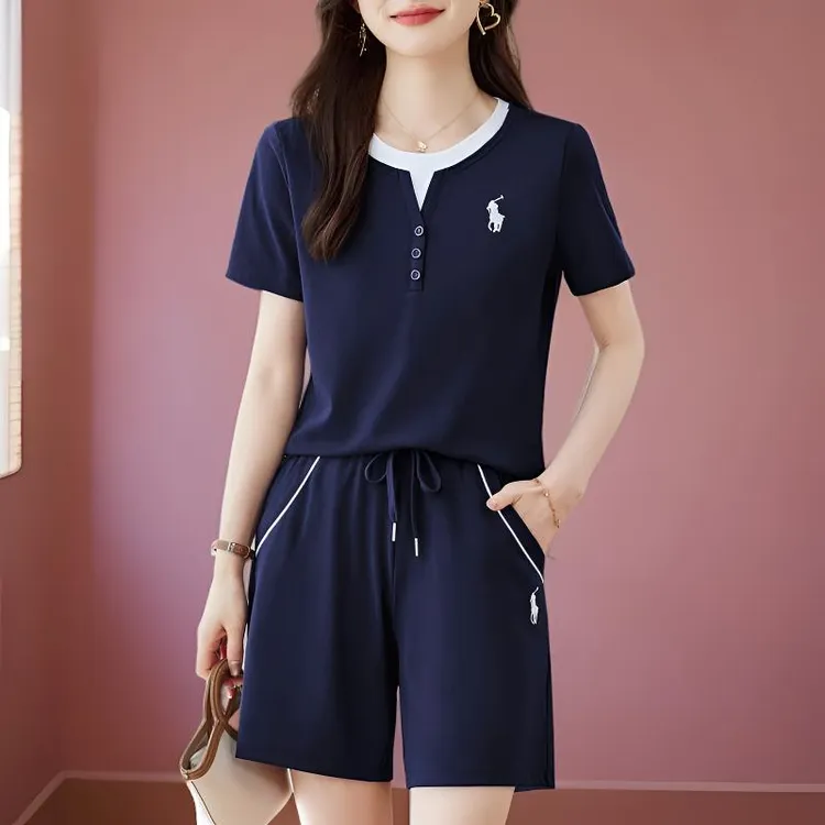 休闲风时尚套装套装显瘦夏装刺绣新中式度假风嘻哈风短袖运动洋气