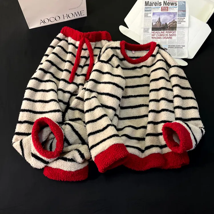 睡衣女春秋冬季仿半边绒大码加厚珊瑚绒2025新款条纹红家居服套装