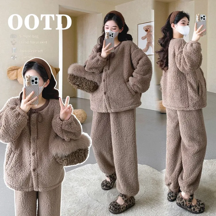 孕妇装冬装套装高级感穿搭睡衣女加绒加厚保暖家居服可外穿套装冬