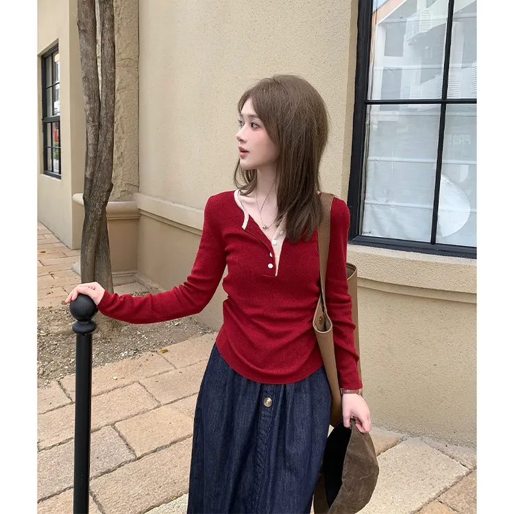 FUGUI RICH【红提莓莓】小个子早秋新款红色打底毛衣法式毛针织衫