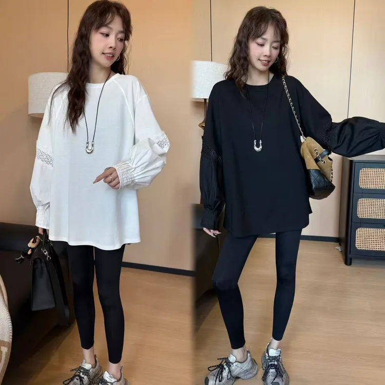 二姐的宝藏早秋新款蕾丝衬衫袖拼接白色长袖T恤#25308