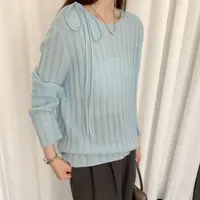 〔领口系带圆领套头〕〔不可机洗〕韩系亮丝亮片竖坑条圆领针织上衣