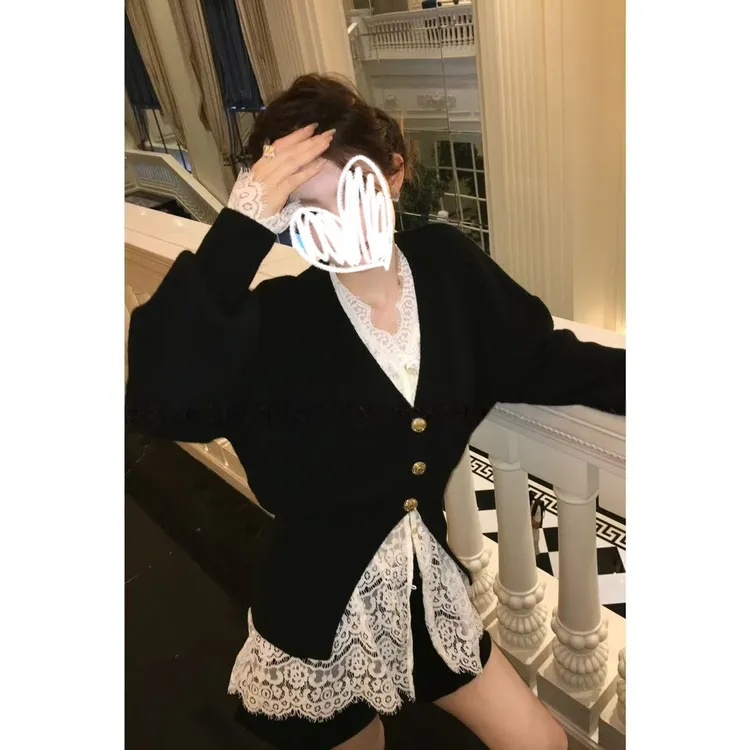 【缇娜庄园】新款开衫毛衣法式气质时尚百搭小众设计感蕾丝衬衣