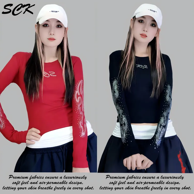 圆领烫钻显瘦辣妹风修身T恤—6010（YL)