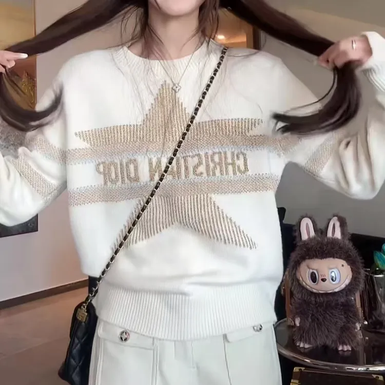 日常简约舒适百搭设计感金丝字母星星刺绣百搭针织上衣#A5157#