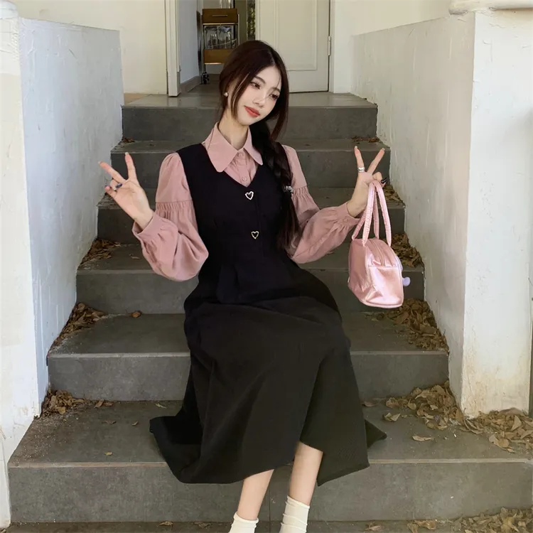 爱豆+《现货现发》法式两件套装长裙背带连衣裙女秋季灯芯绒减龄学