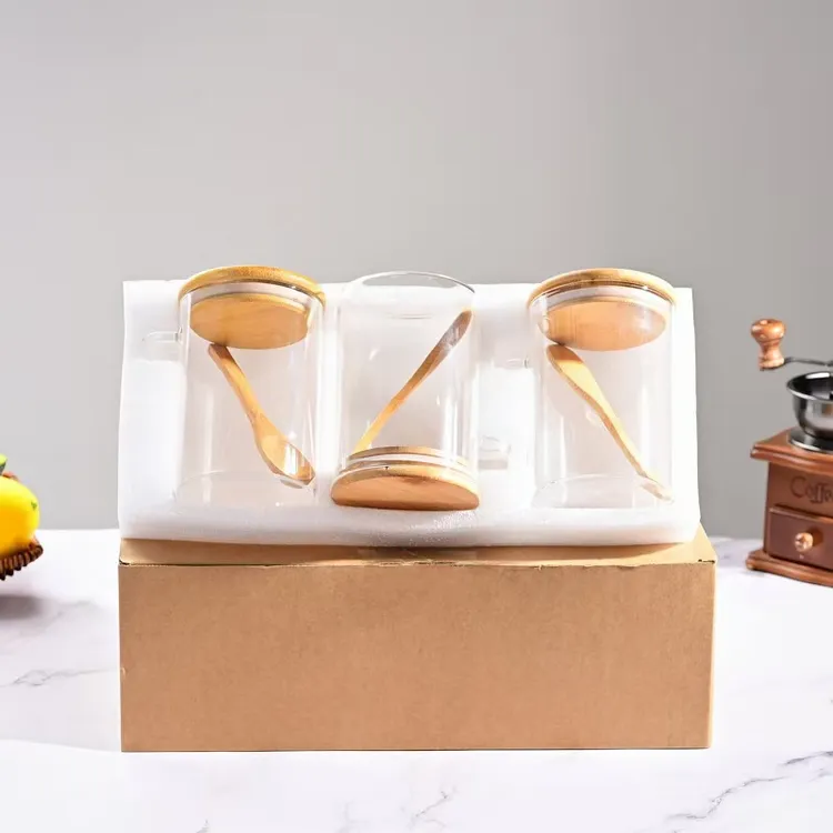 珍珠棉圆形带勺玻璃密封罐透明调料罐带勺厨房杂粮干果收纳罐