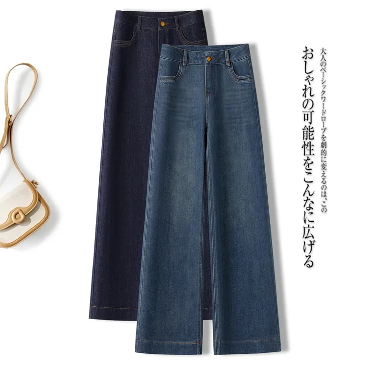 复古蓝加绒高腰直筒牛仔裤女秋冬2025新款宽松显瘦九分窄版阔腿裤