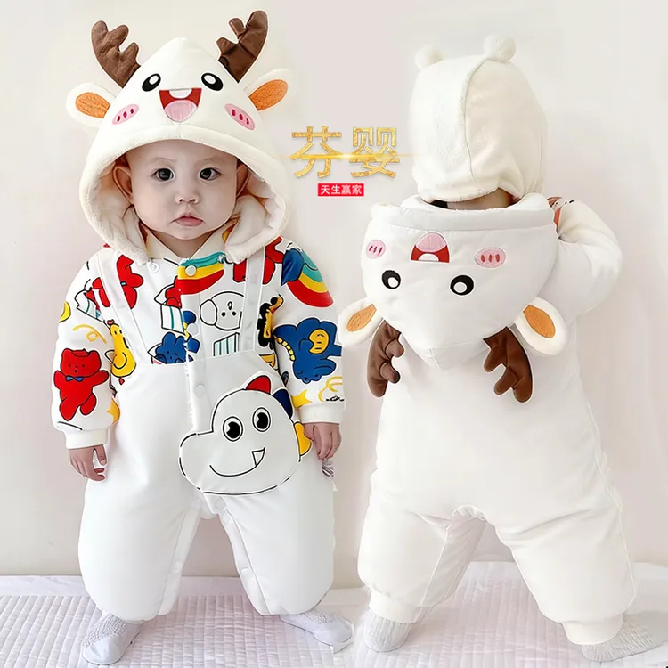 宝宝衣服秋冬季夹棉加厚加绒婴儿连体衣新生儿哈衣外出棉服套装