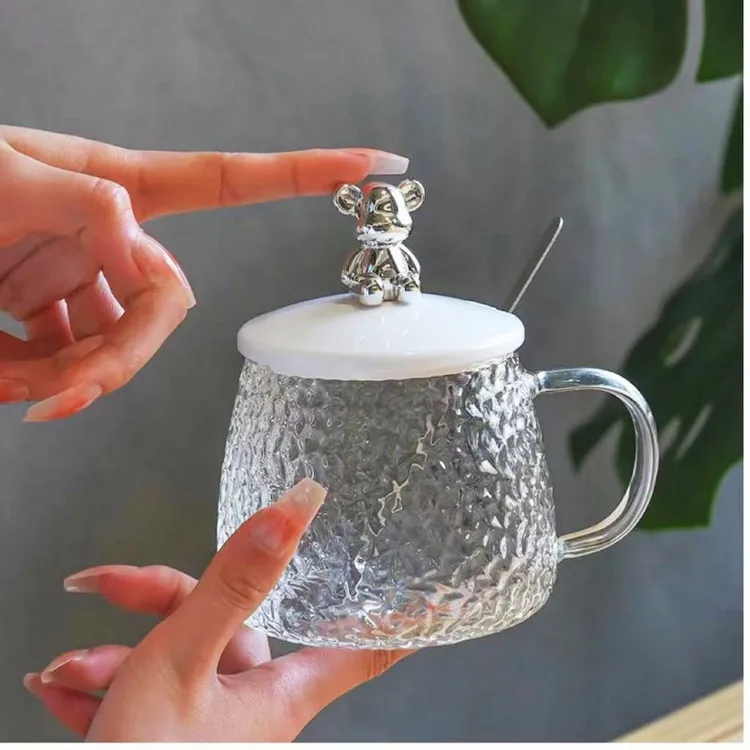 小熊锤纹玻璃水杯简约ins高颜值带把带盖办公室家用咖啡杯马克