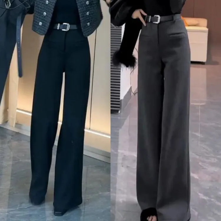 加厚毛呢西装裤女2024韩版秋冬季新款直筒阔腿加绒休闲裤子