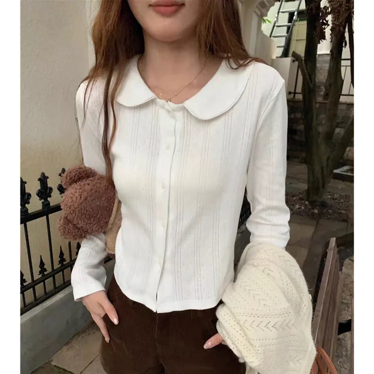 韩版复古纯棉娃娃领长袖衬衫女秋季2025新款叠穿短款衬衣打底上衣